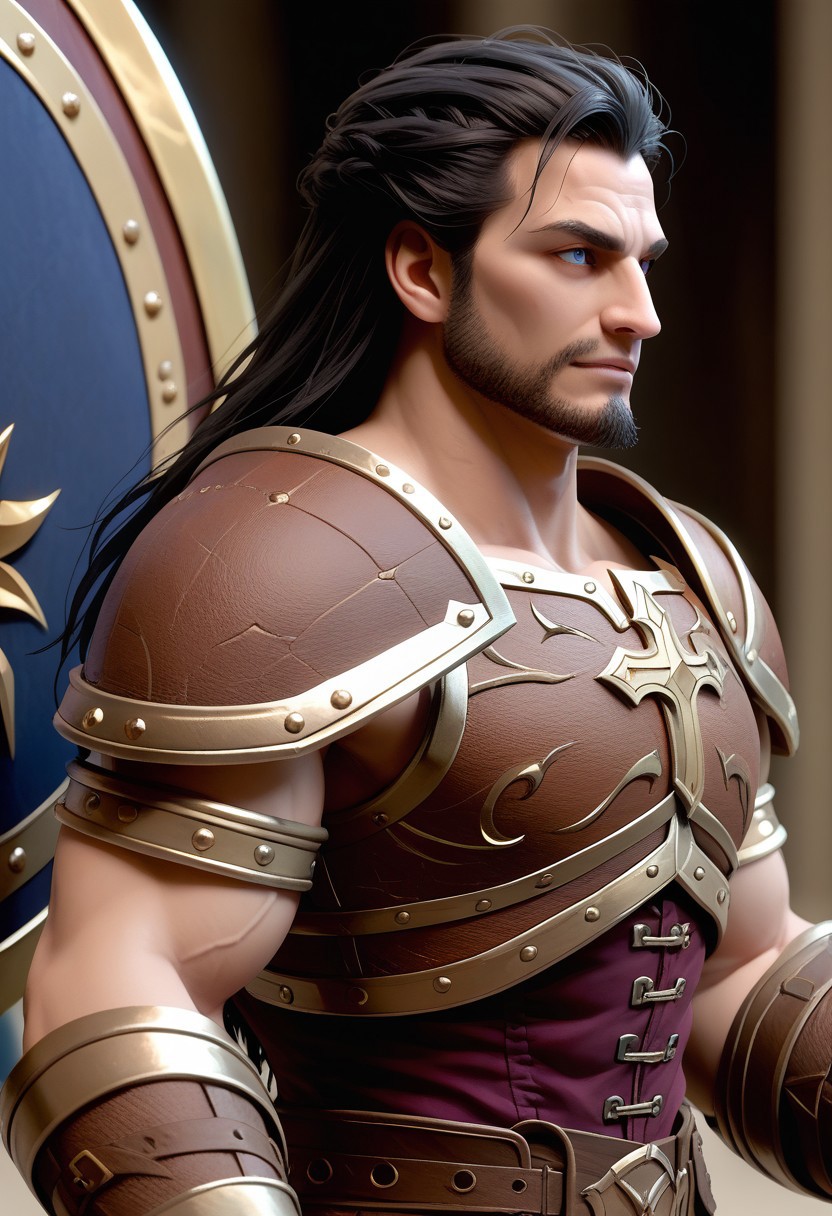 score_9, score_8_up, score_7_up, score_6_up, 1boy, male, muscular, (view from side:2), Ullai, the towering and powerful cleric of Ao, stands with an aura of cosmic might, his piercing sapphire eyes radiating divine authority. His black hair, styled militarily, and a neatly trimmed beard complement his imposing presence. Draped in a pristine white tunic adorned with a blue stole, the sacred colors of Ao, he wears a gleaming silver full-plate armor engraved with intricate Viking-style designs. His large, round shield bears the Auryn symbol, shining with divine protection. Surrounding him is a swirling, ethereal aura of blue and white, channeling the justice and healing powers of Ao. In his hand, he wields a massive radiant mace, glowing with a holy brilliance, ready to crush evil under its weight. Ullai embodies the divine might of his god, a beacon of justice and healing on the battlefield