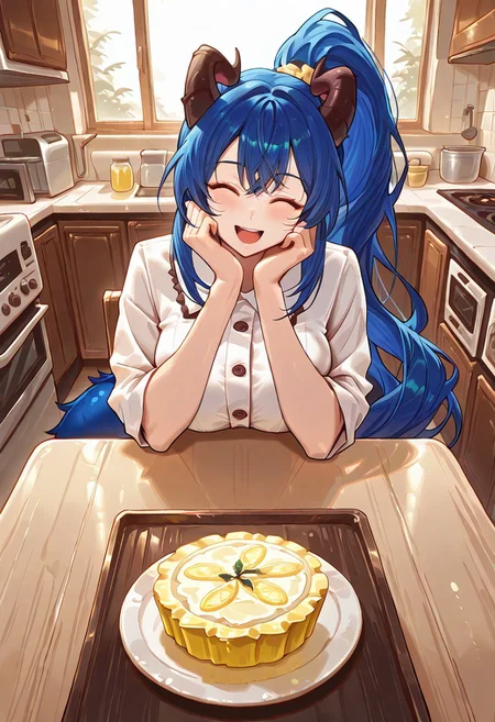 1girl, orange eyes, blue hair, very long hair, side ponytail, dragon horns, big breasts, white shirt, brown lace, blue tail, happy, smile, looking at viewer, closed eyes, open mouth, sitting, across table, own hands together, hands on cheek, view from above, close-up view, lemon tart, k1tch3n, kitchen, window, oven, stove, refrigerator, cabinet, table