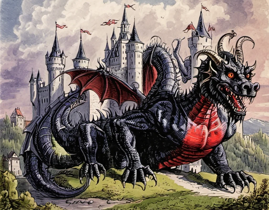 a demon dragon in front of a castle,art by llbreton, <lora:LLbretonXL-000004:1>