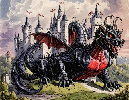 a demon dragon in front of a castle,art by llbreton, <lora:LLbretonXL-000004:1>
