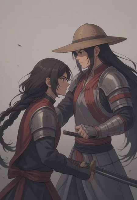 score_9, score_8_up, score_7_up, strawhat, conical hat, 1boy, a heavily armored samurai with shoulder armor and a straw hat, holding a giant katana sword in both hands, ready to fight, asian, long hair, low braid, roninwarriors, samurai facemask, (monolid:1.3),