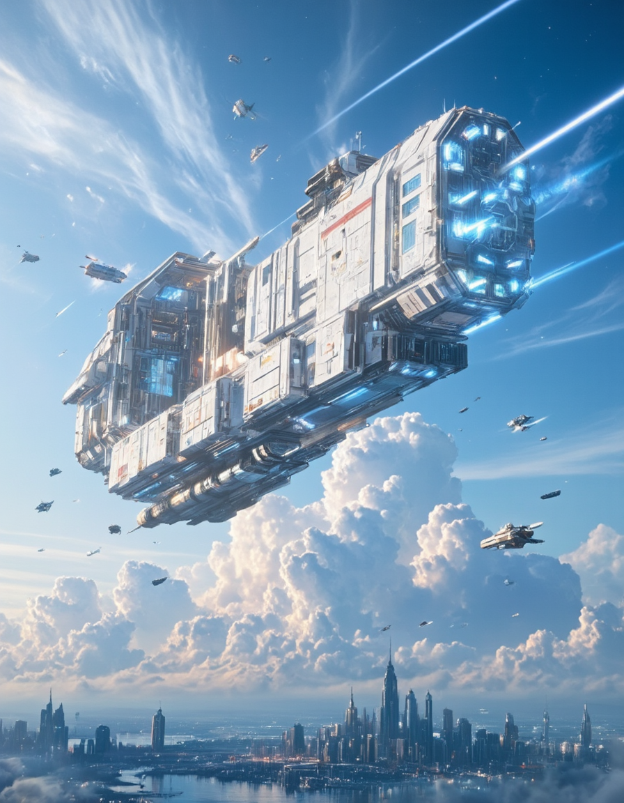 <lora:SW_Minis_3v2flux:1> A massive futuristic white mothership floating above a ciberpunk city in the clouds, with the sun setting on the horizon. The mothership has a highly detailed and intricate design, featuring metallic structures, glowing blue lights, and various modules attached to its frame. Smaller spacecraft are seen flying around it, enhancing the scale and depth of the scene.
The blue sky is painted with streaks of light, possibly due to the reflection of sunlight on high-altitude winds or atmospheric phenomena. Some distant celestial bodies and spacecraft are visible in the background, suggesting a bustling sci-fi environment. The overall atmosphere exudes a sense of advanced technology, exploration, and interstellar travel. The aesthetic is a blend of cyberpunk and space opera themes, reminiscent of grand spacefaring narratives.  swminis3all, anime.