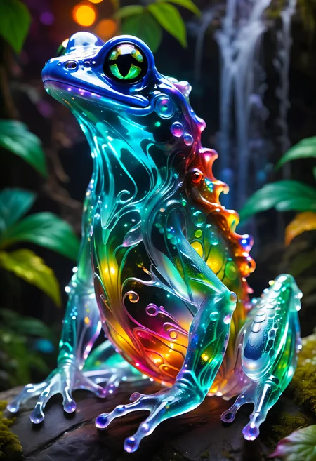 macro photo, a beautiful  translucent glass dragon frog that glows within, glowing lights, beautiful waterfall , made out of multicolored transparent delicate glass, magical sparkles,vibrant whimsical colors<lora:SDXLFaeTastic2400:0.8>
