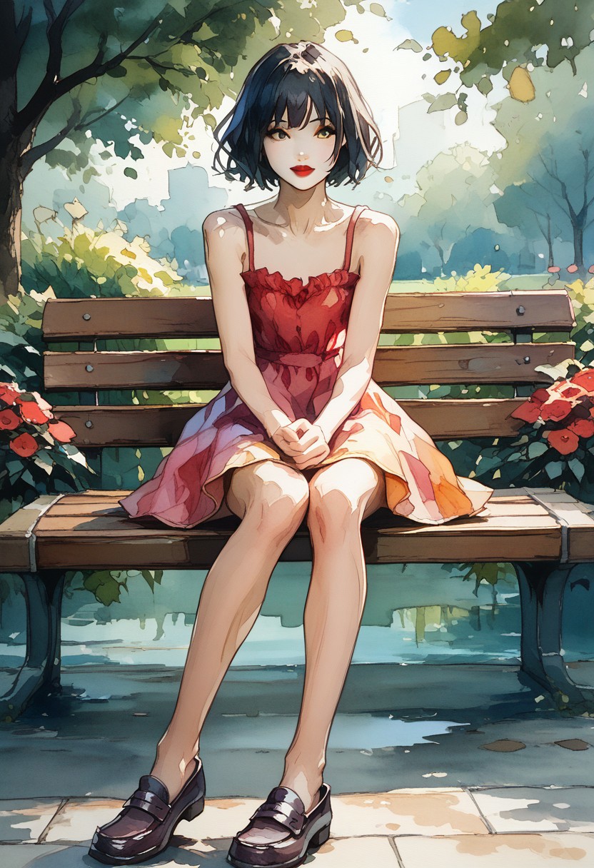 score_9, score_8_up,score_7_up, score_6_up, score_5_up, score_4_up, watercolor painting of
cute girl in yellow.sundress, black bangs, red lipstick, white skin
((Sitting on a bench in a park),
(Slender body smooth),ng_deepnegative_v1_75t, easynegative, negative_hand, ArsMJStyle, Watercolor, shoe dangle, loafers