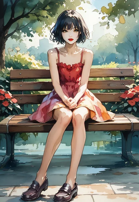 score_9, score_8_up,score_7_up, score_6_up, score_5_up, score_4_up, watercolor painting of
cute girl in yellow.sundress, black bangs, red lipstick, white skin
((Sitting on a bench in a park),
(Slender body smooth),ng_deepnegative_v1_75t, easynegative, negative_hand, ArsMJStyle, Watercolor, shoe dangle, loafers