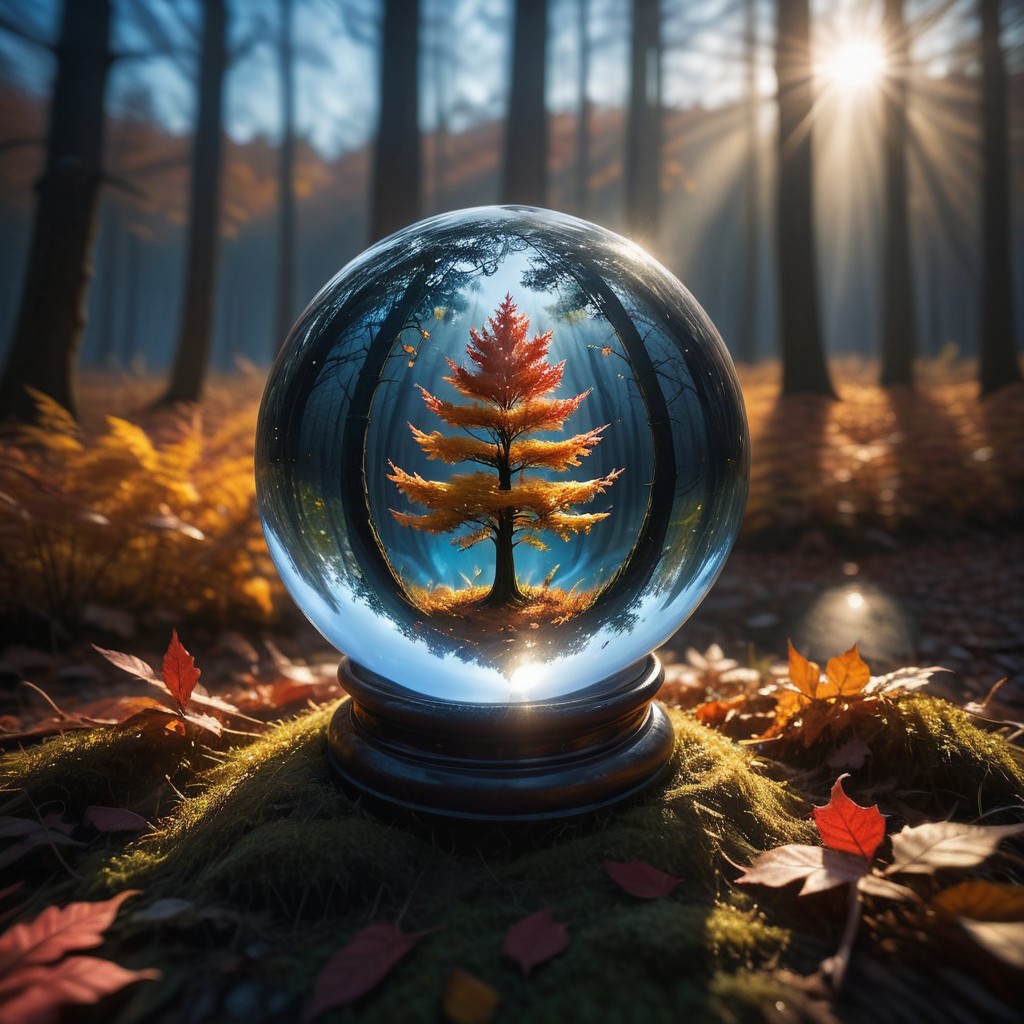 Crystal ball containing a forest ablaze with autumn colors, 
under a pristine blue sky, 
mysterious ambiance, 
capturing the essence of fall, 
sharp reflections, 
perfect clarity, 
dramatic lighting, 
ultra clear., 
Mysterious
