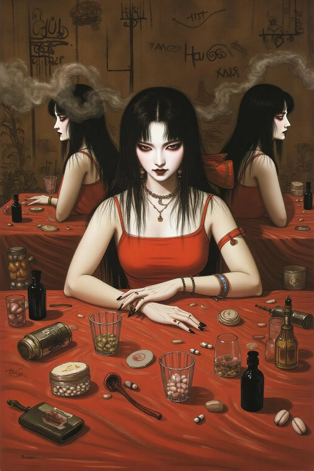 amayo illustration.
Create a cinematic, surreal portrait of a woman seated at a cluttered red table, surrounded by mirrored reflections of herself. She wears intense red eye makeup that accentuates her expressive gaze. The scene is filled with translucent glass cups, pill containers, and small bottles, all creating an eclectic and moody atmosphere. Smoke rises around her, adding a dreamlike quality, while a wallpaper of hand-drawn symbols or calligraphy fills the background. The lighting is muted and soft, emphasizing a reflective and introspective mood with a retro, film-noir style <lora:amayo1_cap_d6a3e11:1.0><lora:827339739490393369:0>