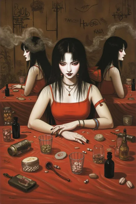 amayo illustration.
Create a cinematic, surreal portrait of a woman seated at a cluttered red table, surrounded by mirrored reflections of herself. She wears intense red eye makeup that accentuates her expressive gaze. The scene is filled with translucent glass cups, pill containers, and small bottles, all creating an eclectic and moody atmosphere. Smoke rises around her, adding a dreamlike quality, while a wallpaper of hand-drawn symbols or calligraphy fills the background. The lighting is muted and soft, emphasizing a reflective and introspective mood with a retro, film-noir style <lora:amayo1_cap_d6a3e11:1.0><lora:827339739490393369:0>