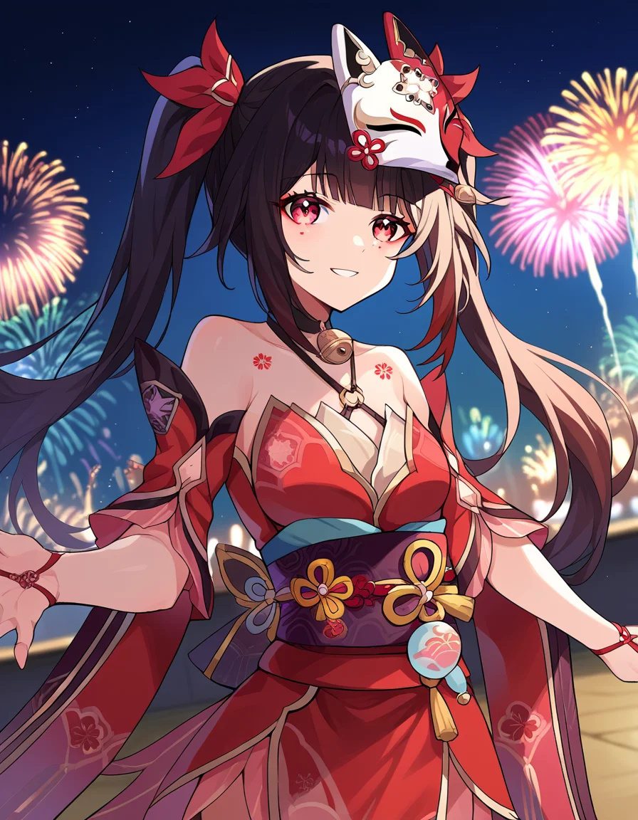 score_9, score_8_up, score_7_up, source_anime,
honkaisparkle, <lora:honkai-sparkle-ponyxl-lora-nochekaiser:1>,
sparkle, long hair, bangs, black hair, hair ornament, twintails, red eyes, bell, mask, mask on head, fox mask, smile,
dress, bare shoulders, japanese clothes, sash, tattoo, red dress,
outdoors, fireworks, festival,
looking at viewer, cowboy shot, dutch angle, dynamic pose,