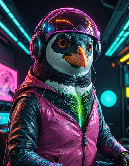(ombre color scheme of neon pink, neon blue, neon green, neon yellow, neon yellow-red) (in the style of Zdzislaw Beksinski:1.2) (anime penguin:1.8) wearing a space helmet sitting at command chair with the lights of the consoles behind, in the style of sci - fi environments, glo - fi, aesthetic, comic, beeple, space background <lora:another-bored-particle:0.55> <lora:add-detail-XL:0.65>, subsurface scattering, ultra hd, 4k, high def, Photorealistic, Hyperrealistic, Hyper detailed, analog style, realistic, masterpiece, best quality, ultra realistic, 8k, Intricate, High Detail, film photography, soft lighting, heavy shadow