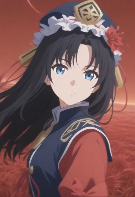 1girl, solo, solo focus, highres, absurdres, shikieiki, 
looking at viewer, head tilt, from side, 
red spider lily, flower field, night sky, red sky, dark, red theme,