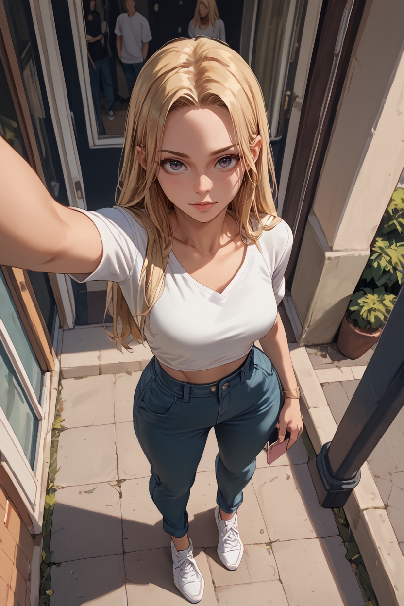 score_9, score_8_up, score_7_up, woman, from above, selfie, full body, pants, top, narrow waist, medium breasts, blonde hair, long hair, sidewalk <lora:fromabovev11_PONY:1>