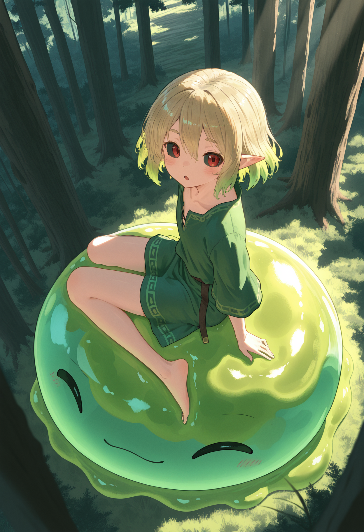 1boy,flat chest,  pointed ears, small eyes, ((black sclera)), red eyes, bob hair, ((blonde hair), green hair, gradient hair), skinny, looking at viewer,
tunic,
full body, riding on a large round slime, straddling a slime, /(slime making "^_^" face and blush/), /(girl making ":o" face/), volumetric lighting, forest, sunlight, trees, grass,
side view, from above,
<lora:katajonytweetIL-style:1>, katajony tweet,,masterpiece,best quality,amazing quality,