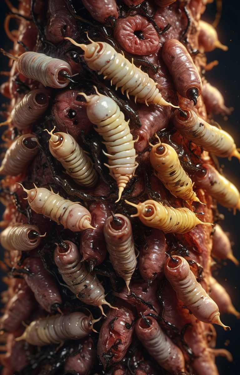 microshot of maggots in rotten meat,extreme detail,amazing focus and sharpness,intricate,, glow effects, godrays, Hand drawn, render, 8k, octane render, cinema 4d, blender, dark, atmospheric 4k ultra detailed, cinematic, Sharp focus, big depth of field, Masterpiece, colors, 3d octane render, 4k, concept art, trending on artstation, hyperrealistic, Vivid colors, extremely detailed CG unity 8k wallpaper, trending on CGSociety, Intricate, High Detail, dramatic