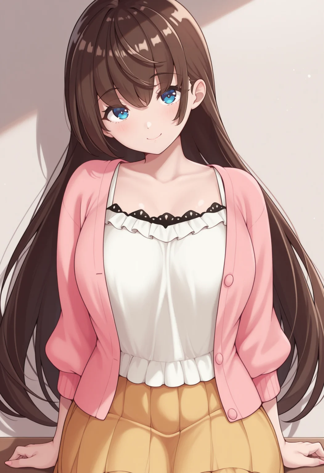 masterpiece, best quality, solo, 1girl, smile, looking at viewer, <lora:Mio-illus:1>, mio, brown hair, blue eyes, long hair, pink cardigan, white camisole, yellow skirt,