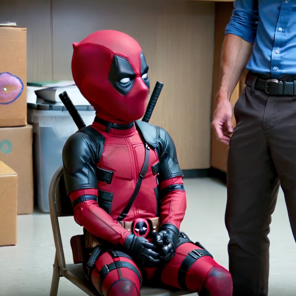 a little  deadpool sitting on a chair in a room <lora:smalltake:0.8>