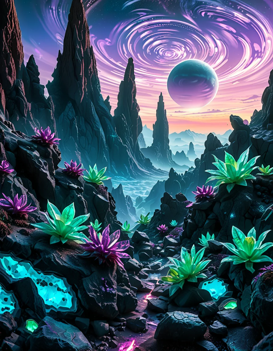 A breathtaking, high-resolution photograph of an alien planet with a surreal and otherworldly landscape. The sky is filled with two massive moons, casting an eerie glow over the terrain. Jagged rock formations, covered in bioluminescent moss, stretch across the horizon, glowing in shades of blue and purple. Strange, twisted plants with translucent leaves and pulsating veins grow from the cracked, iridescent soil. In the distance, towering crystalline mountains shimmer under the light of a distant red sun, their peaks enveloped in a misty, ethereal haze. The air is thick with floating luminescent spores, drifting like tiny fireflies. Rivers of liquid metal carve through the landscape, reflecting the vibrant alien sky. The atmosphere is a mix of neon blues, purples, and greens, creating a mesmerizing and futuristic scene, as if taken from the surface of a newly discovered exoplanet.
<lora:SDXLFaeTastic2400:0.4> <lora:extremely_detailed:0.4> extremely detailed,<lora:alien_pl4n3t:1>,alien pl4n3t