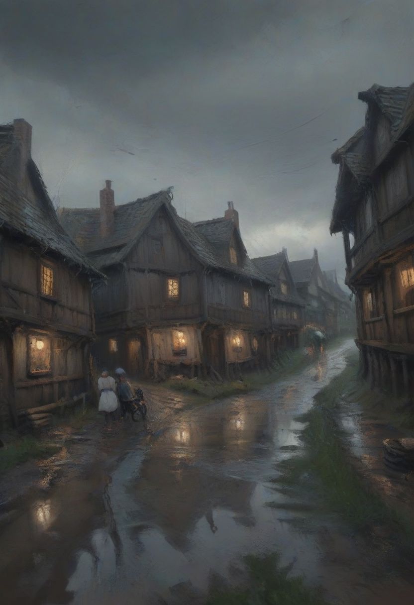 impressionist painting, WLOP_illustration_style, fantasy, medieval, wood, inn, muddy road, people, evening, overcast, (fisheye:1.5), from below, sky, dramatic clouds, dark, gray, raining, desaturated, painting, rough brush strokes