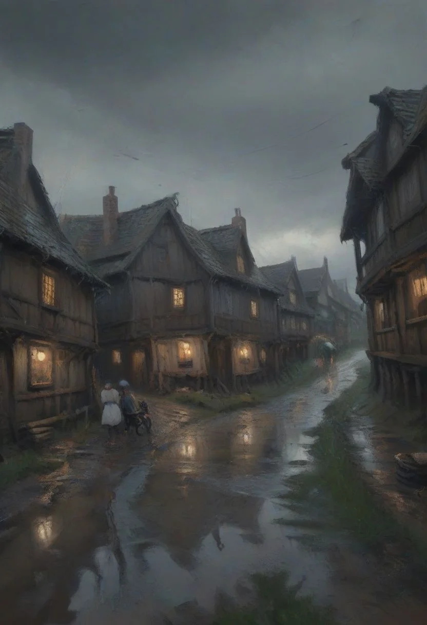 impressionist painting, WLOP_illustration_style, fantasy, medieval, wood, inn, muddy road, people, evening, overcast, (fisheye:1.5), from below, sky, dramatic clouds, dark, gray, raining, desaturated, painting, rough brush strokes