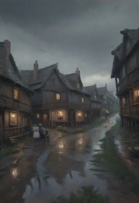 impressionist painting, WLOP_illustration_style, fantasy, medieval, wood, inn, muddy road, people, evening, overcast, (fisheye:1.5), from below, sky, dramatic clouds, dark, gray, raining, desaturated, painting, rough brush strokes