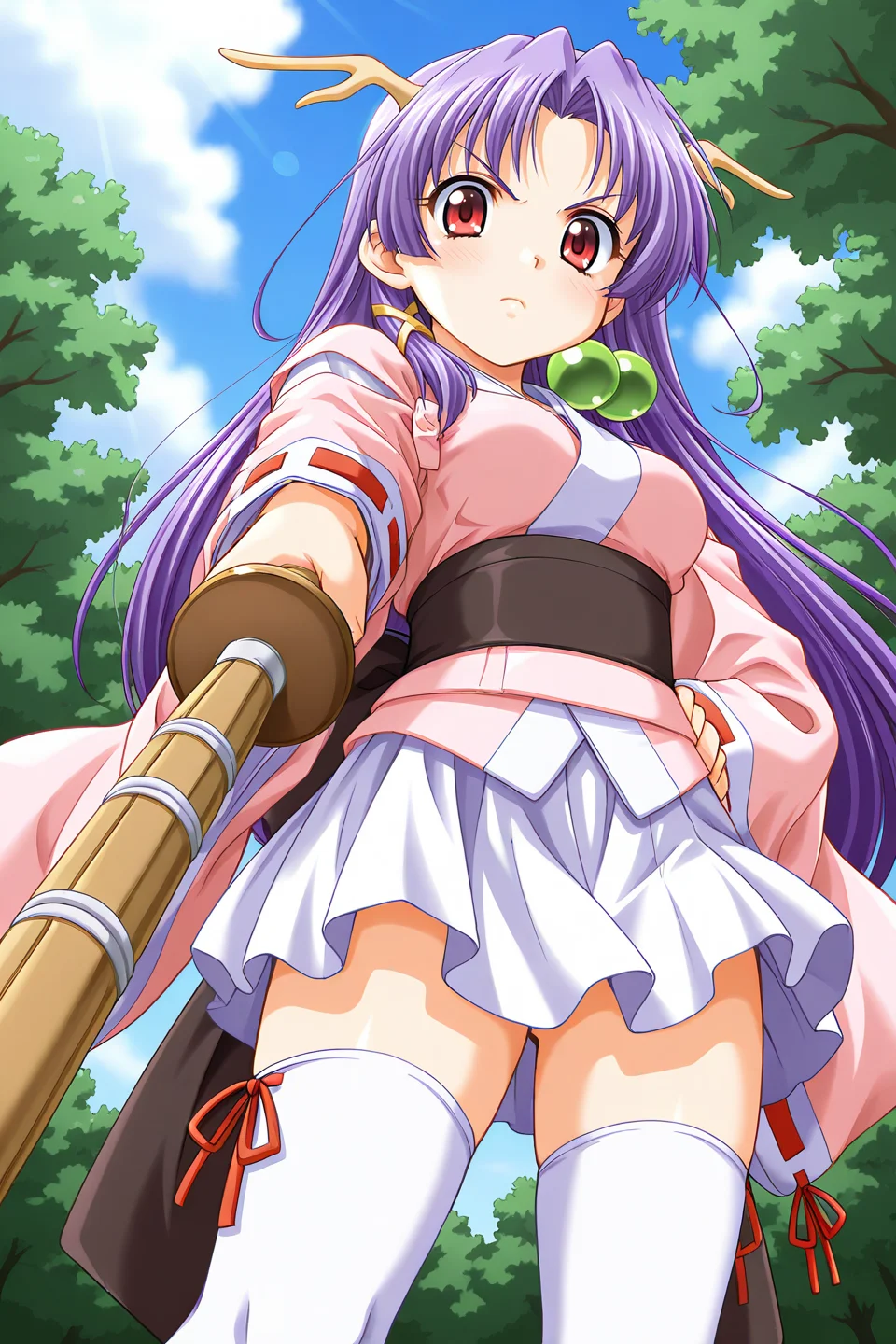 masterpiece, best quality, absurdres, official art, official style, general BREAK <lora:shizuna-torakapu_IL_v1-1:0.7>, shizuna, 1girl, solo, red eyes, purple hair, very long hair, parted bangs, hair intakes, sidelocks, hair bobbles, x hair ornament, medium breasts, dragon girl, dragon horns, japanese clothes, pink kimono, short kimono, long sleeves, wide sleeves, detached sleeves, red ribbon, ribbon-trimmed sleeves, obi, black sash, back bow, black bow, white skirt, miniskirt, pleated skirt, kimono skirt, zettai ryouiki, white thighhighs, foreshortening, from below, hand on hip, lens flare, day, blush, sun, shinai, holding shinai, cloud, >:, perspective, nature, frown, outdoors, looking at viewer, aiming at viewer, looking down, standing, forest, blue sky, sunlight, closed mouth, v-shaped eyebrows