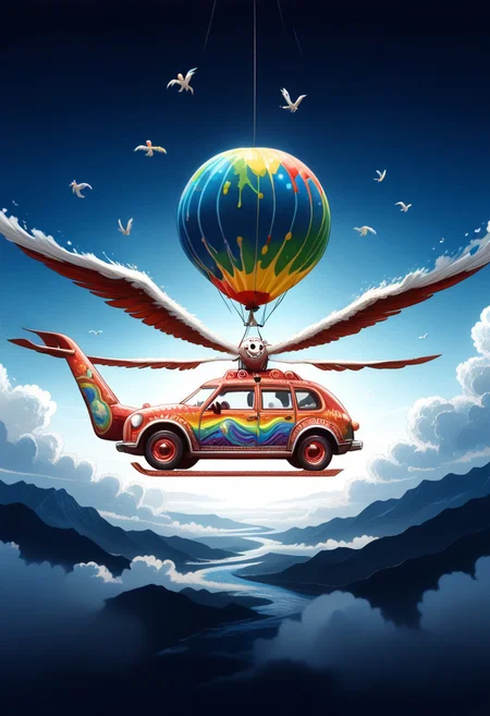 ppstorybook, A whimsical, flying van made of shingles with rainbow-colored paint and oversized wheels, soaring through the clouds with balloons made of shingles trailing behind, surrounded by fluffy clouds made of shingles and playful birds made of shingles , depicted in a cheerful, cartoonish style with soft pastel hues. mad-shingles