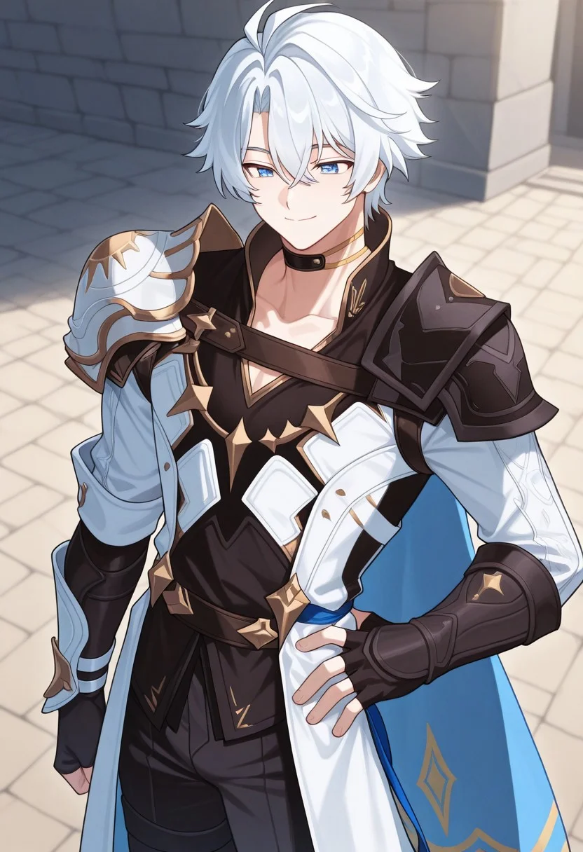 masterpiece,best quality,amazing quality, source_anime, 
Phainonhsr, 1boy, male focus, solo, blue eyes, white hair, black choker, neck tatto, shoulder armor, shirt, black shirt, coat, white coat, cape, fingerless gloves, pants, black pants, smile, closed mouth, outdoor,