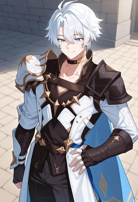 masterpiece,best quality,amazing quality, source_anime,
Phainonhsr, 1boy, male focus, solo, blue eyes, white hair, black choker, neck tatto, shoulder armor, shirt, black shirt, coat, white coat, cape, fingerless gloves, pants, black pants, smile, closed mouth, outdoor,