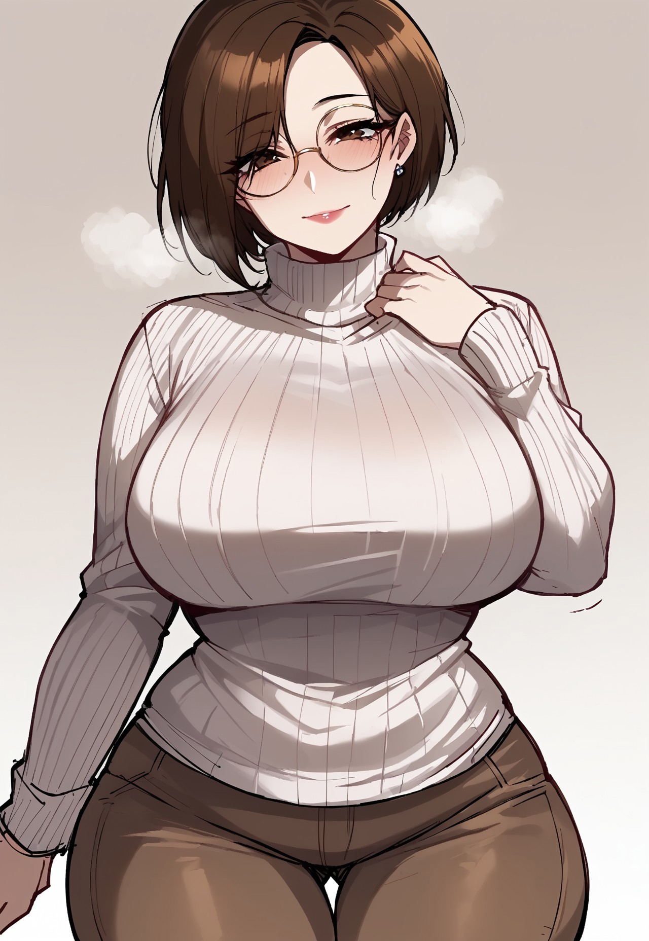 safe_pos, safe_pos, ((high_quality)), ((Super_Detailed)), 1girl, 18 year old, Expressiveh, cute girl, brown eyes, short brown hair, straight bob haircut, large breasts, adult girl, short girl, slightly thick girl, round glasses, white long sleeved sweater, brown pants, curvy, curvy girl, solo girl, 