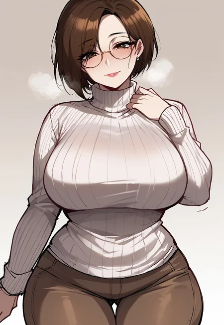 safe_pos, safe_pos, ((high_quality)), ((Super_Detailed)), 1girl, 18 year old, Expressiveh, cute girl, brown eyes, short brown hair, straight bob haircut, large breasts, adult girl, short girl, slightly thick girl, round glasses, white long sleeved sweater, brown pants, curvy, curvy girl, solo girl,