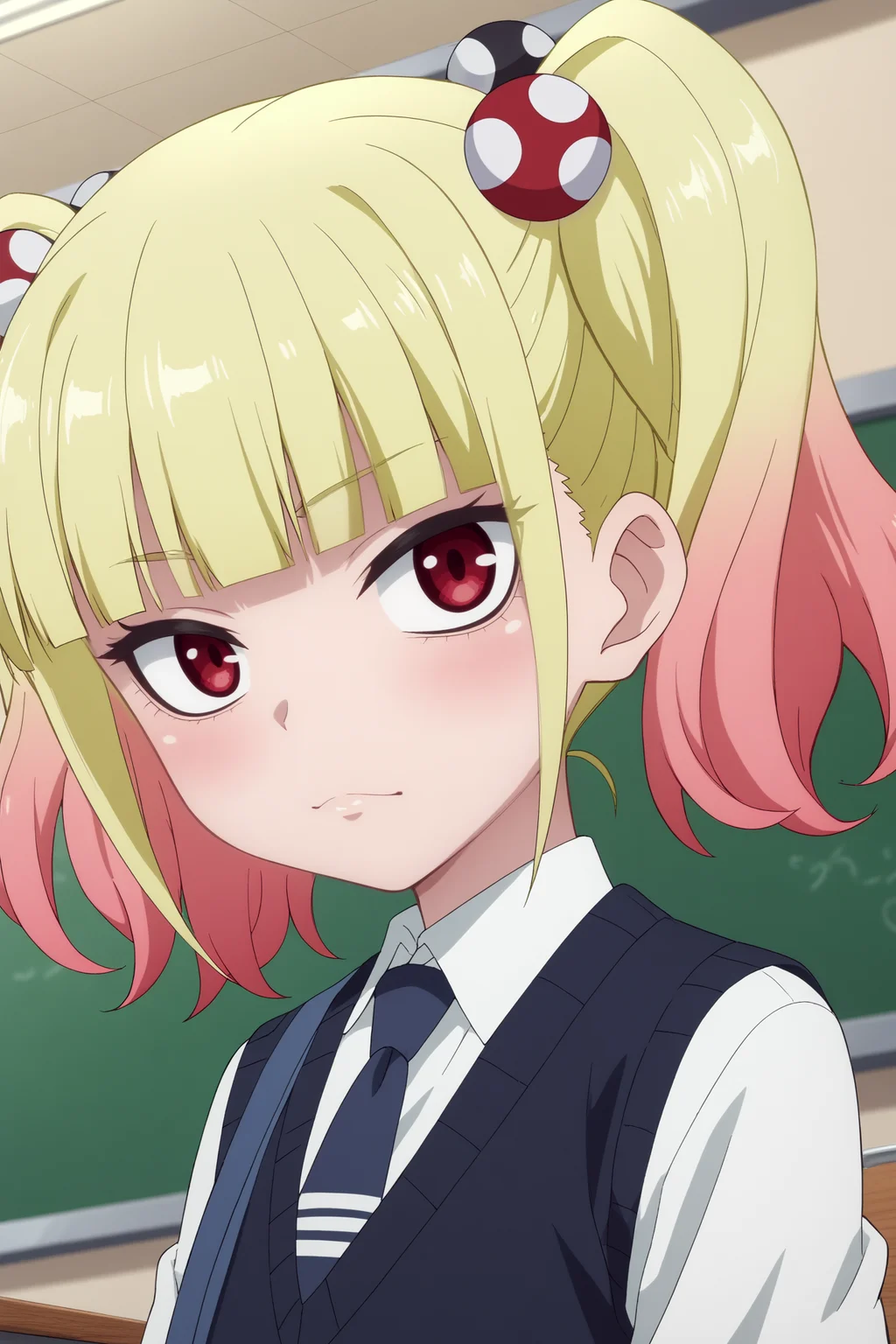 yuria niguredo,1girl,solo,multicolored hair,gradient_hair, pink hair,looking_at_viewer, blunt_bangs, bangs,twintails,hair ornament,school uniform,necktie,shirt,blue necktie,hair bobbles,dutch angle BREAK indoors,classroom,chalkboard <lora:Yuria_Niguredo_-_Mieruko_Chan.safetensors:0.8> <lora:detailed_backgrounds_v2.safetensors:0.5>