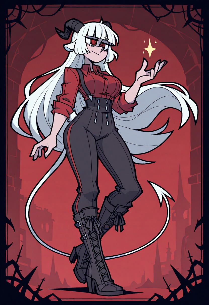 masterpiece, best quality, newest, absurdres, highres, vanripper, 1girl, BAPH-V1.0, animal ears, black horns, goat horns, curled horns, demon girl, demon horns, demon tail, goat tail, goat ears, white hair, very long hair, white tail, blunt bangs, high heel boots, high heels, high-waist pants, suspenders, printstripe pants, lace-up boots, red shirt,