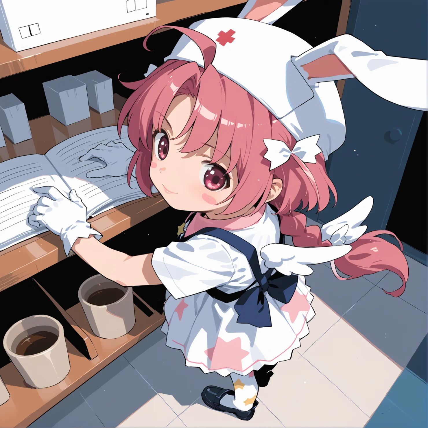 PonyScores7, source_anime, ah1, 1girl, lips, bad-hands-5, <lora:xl_more_art-full_v1:0.2>, <lora:shinyskin2:0.2> glistening skin, <lora:aesthetic_anime_v1s:0.2>, <lora:Expressive_H:0.2> Expressiveh, <lora:hairdetailpxl:0.2> hairdetailpxl, <lora:EpicF4nta5yXL:0.2>, <lora:detailxl:0.2> detailxl, <lora:Fant5yP0ny:0.2>, best quality, amazing quality, best aesthetic, absurdres, <lora:expressive eyes:0.2> expressive eyes, <lora:eyedetailpxl:0.2> eyedetailpxl, illustration, Volumetric_Lighting, ultra-detailed, very aesthetic, intricate details, 8k, masterpiece, best_quality, (A playful smirk with one eyebrow raised and a glint in the eye), (High Angle (from the side) view Close shot), (bowling alley), (A woman standing with one hand resting on a chair, the other on her hip, looking down), <lora:Eyes_High_Definition:0.3> EyesHD, looking at viewer, Stable_Yogis_PDXL_Positives, AS-Adult, <lora:nakahara_komugi_pony_v1:0.8> nakahara_komugi, pink hair,hat, animal ears, braid, pink eyes, ahoge, long hair, rabbit ears, wings, star print, jewelry, star (symbol), dress, white gloves, stickers, zettai ryouiki, print thighhighs, winged footwear,