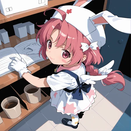 PonyScores7, source_anime, ah1, 1girl, lips, bad-hands-5, <lora:xl_more_art-full_v1:0.2>, <lora:shinyskin2:0.2> glistening skin, <lora:aesthetic_anime_v1s:0.2>, <lora:Expressive_H:0.2> Expressiveh, <lora:hairdetailpxl:0.2> hairdetailpxl, <lora:EpicF4nta5yXL:0.2>, <lora:detailxl:0.2> detailxl, <lora:Fant5yP0ny:0.2>, best quality, amazing quality, best aesthetic, absurdres, <lora:expressive eyes:0.2> expressive eyes, <lora:eyedetailpxl:0.2> eyedetailpxl, illustration, Volumetric_Lighting, ultra-detailed, very aesthetic, intricate details, 8k, masterpiece, best_quality, (A playful smirk with one eyebrow raised and a glint in the eye), (High Angle (from the side) view Close shot), (bowling alley), (A woman standing with one hand resting on a chair, the other on her hip, looking down), <lora:Eyes_High_Definition:0.3> EyesHD, looking at viewer,  Stable_Yogis_PDXL_Positives, AS-Adult, <lora:nakahara_komugi_pony_v1:0.8> nakahara_komugi, pink hair,hat, animal ears, braid, pink eyes, ahoge, long hair, rabbit ears, wings, star print, jewelry, star (symbol), dress, white gloves, stickers, zettai ryouiki, print thighhighs, winged footwear,