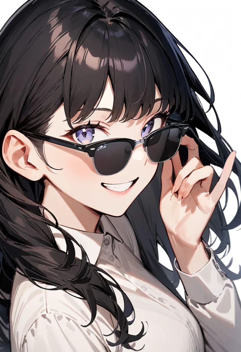 masterpiece, best quality, very aesthetic, absurdres,
1girl, solo, black hair, long hair,
sirmont, sunglasses, grey-tinted eyewear, black-framed eyewear, grey-framed eyewear, two-tone eyewear,
collared shirt, happy, smile, looking at viewer, adjusting eyewear, white background, simple background,
<lora:sunglasses_CLUBMASTER_SDXL_V1:1>