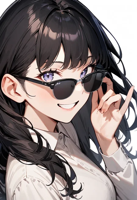 masterpiece, best quality, very aesthetic, absurdres,
1girl, solo, black hair, long hair,
sirmont, sunglasses, grey-tinted eyewear, black-framed eyewear, grey-framed eyewear, two-tone eyewear,
collared shirt, happy, smile, looking at viewer, adjusting eyewear, white background, simple background,
<lora:sunglasses_CLUBMASTER_SDXL_V1:1>