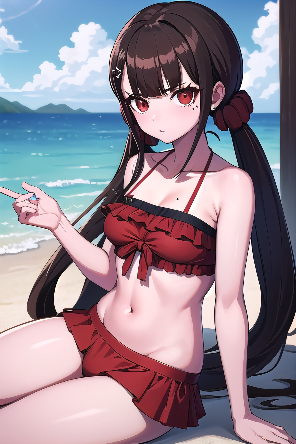 masterpiece, best quality, ultra-high-detailed, Harumaki, red eyes, brown hair, low twintails, red scrunchie, mole under eye, blunt bangs, hairclip,  bikini, beach,
