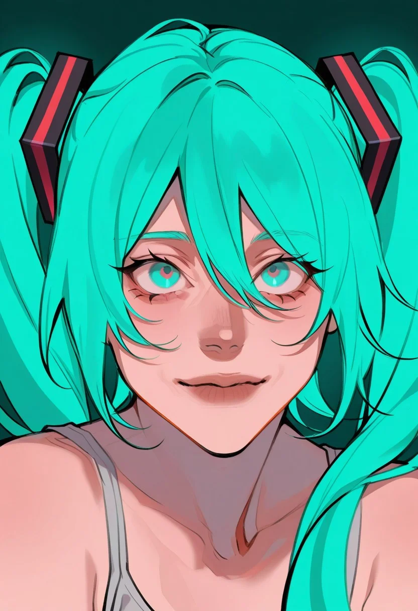 best quality, detailed face, detailed eyes, , solo, 
by kp
by wwdenslow, masterpiece, best quality, absurdres, highres, new, amazing quality, 1girl, portrait, general, hatsune-miku