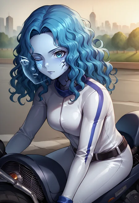 score_9, score_8_up, score_7_up, source_anime, bikesuit, biker clothes, white bodysuit, black belt, <lora:BikesuitsMario_XLPD:1>, 1girl, <lora:Ranni_XLPD_CAME:1> IncrsXLRanni, wavy hair, cracked skin, blue skin, colored skin, extra arms, extra faces, doll joints, one eye closed, <lora:ExtraFaces_XLPD_CAME:1>, leaning forward, on motorcycle, sitting, driving, 4 arms, 4arms,