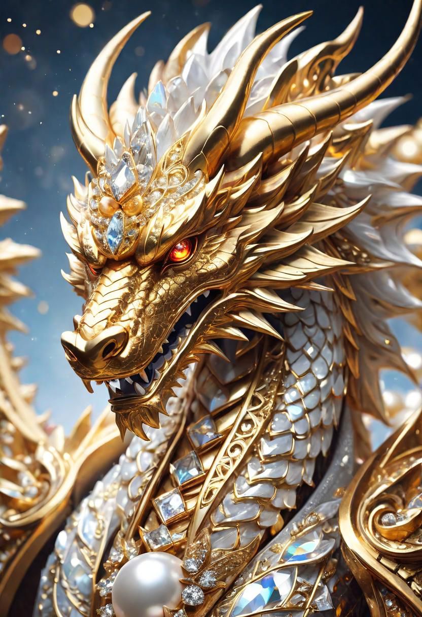 gleaming diamond dragon with golden accents, radiating light, amidst brilliance, symetrical hyperdetailed texture, pearl filigree, concept art, artstation,  perfect composition, masterpiece, glittering professional photography, macro, natural lighting, canon lens, shot on dslr 64 megapixels sharp focus ethereal
