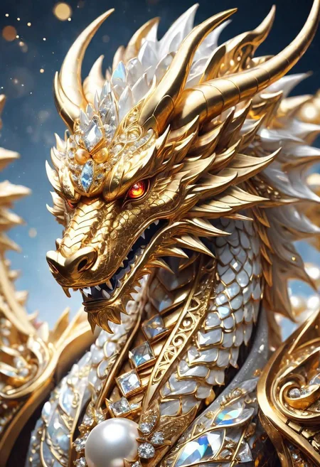 gleaming diamond dragon with golden accents, radiating light, amidst brilliance, symetrical hyperdetailed texture, pearl filigree, concept art, artstation, perfect composition, masterpiece, glittering professional photography, macro, natural lighting, canon lens, shot on dslr 64 megapixels sharp focus ethereal