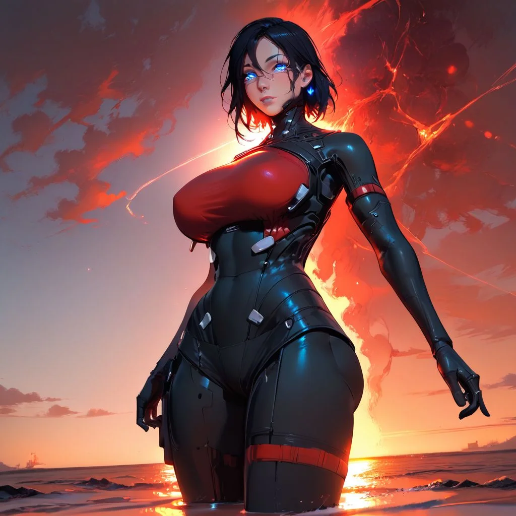 score_9, score_8_up, score_7_up, score_6_up, score_5_up, score_4_up, ,dynamic, ( masterpiece, intricate:1.3), (best quality, hires textures, high detail:1.2), (4k),(incredibly detailed:1.4), very detailed background , cinematic lighting, volumetric lighting, bloom, post processing, perfect anatomy,
extremely detailed eyes and face, perfect body, perfect eyes,
1 girl, solo
<lora:Lunas-Elster-Signalis-SDXL-A1:1.3>
,bedroom eyes, elsterXL, black hair, blue eyes, glowing eyes, nose mark, android, medium hair, , black bodysuit,
wide hips, breasts, (Voluptuous body, huge breasts, thick thighs),
Elster ((lies on the shore,)) of the Red Sea, body honoring the water,
Background: red sky, white sand, red sea. side view