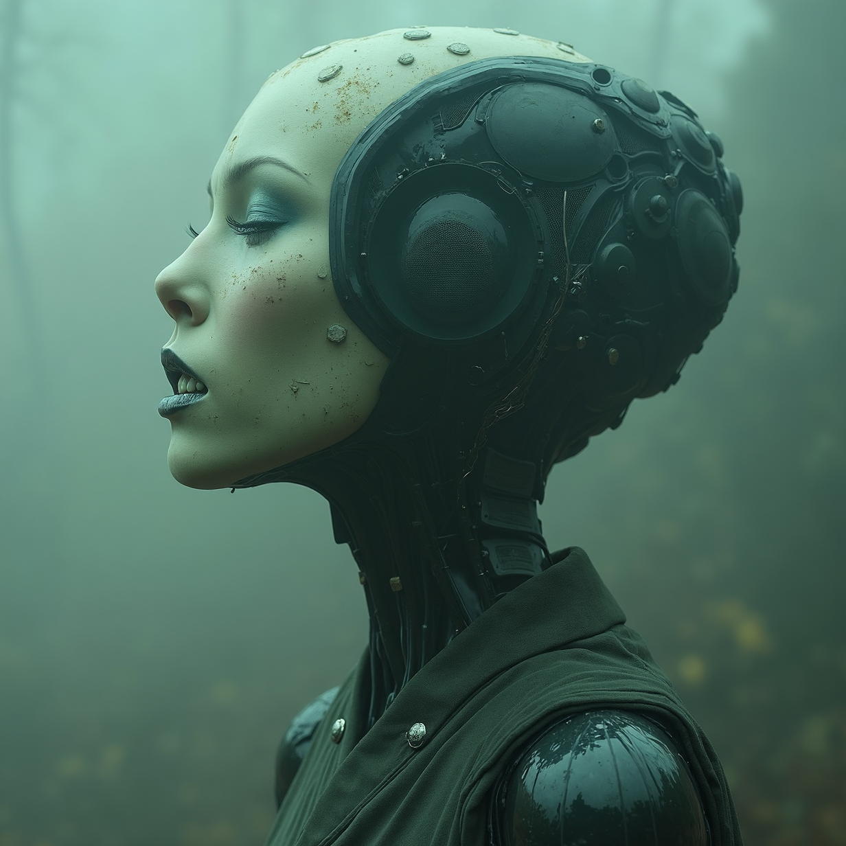 ((android:1.8) Geisha from film ghost in shell:1.5) cyborg parts,scream, creepy, dark movie atmosphere,, fog, natural light