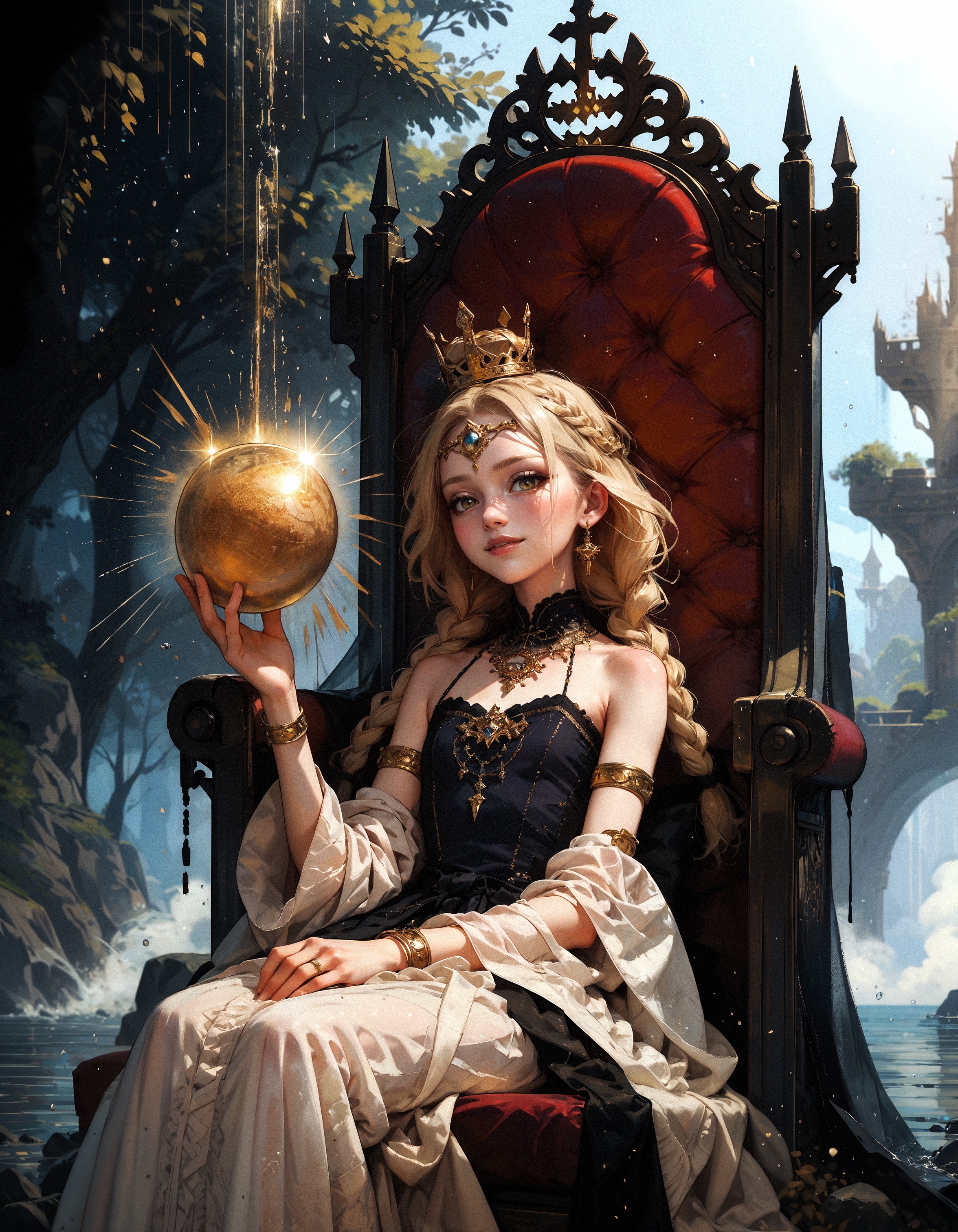 score_9, score_8_up, score_7_up, score_6_up, score_5_up, score_4_up,  (1boy:1.1), miquella, blonde hair, holding golden sphere, crown braid, multiple braids, yellow eyes, white robe, gold armlet, circlet, cute smile, sitting on a black throne, black stone, black throne, sunlight, wind, flying wheat, water sparkles, (flat chest:1.2)