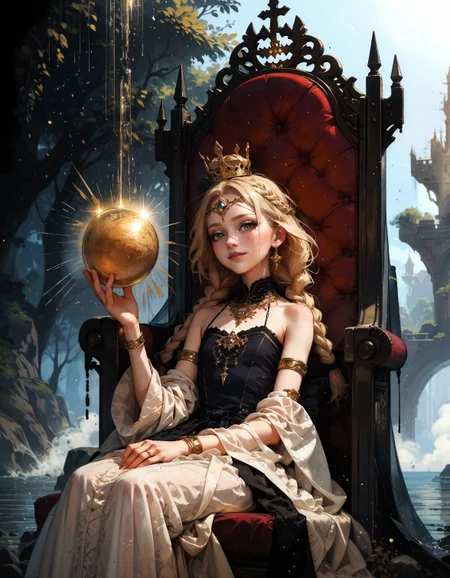 score_9, score_8_up, score_7_up, score_6_up, score_5_up, score_4_up,  (1boy:1.1), miquella, blonde hair, holding golden sphere, crown braid, multiple braids, yellow eyes, white robe, gold armlet, circlet, cute smile, sitting on a black throne, black stone, black throne, sunlight, wind, flying wheat, water sparkles, (flat chest:1.2)