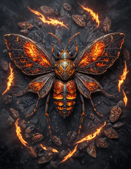 novuschroma style overhead view of a symmetrical insect with wings with fire embers <lora:118_novuschroma_1:1>, <lora:sdxl_lightning_8step_lora:1>