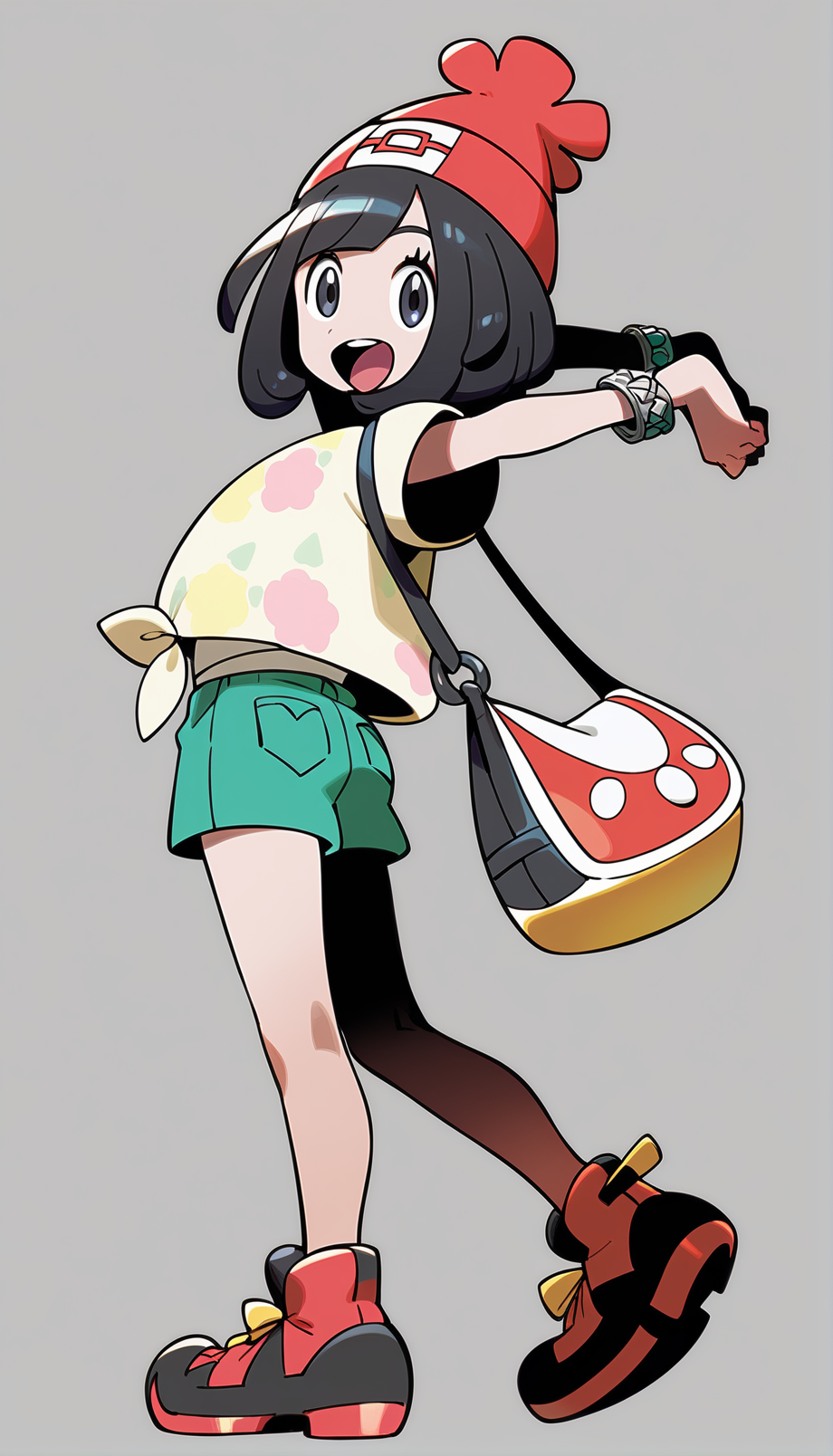 score_9,score_8_up,score_7_up,
<lora:selene:0.9>,pm_selene,
1girl,solo,black hair,short hair,bangs,grey eyes,looking at viewer,open smile,red beanie,yellow short sleeves shirt,a tank top worn under the shirt,tied shirt,white bracelet,bag,green shorts,red sports shoes,full body,back view,stretching,
blurry background,  simple background,