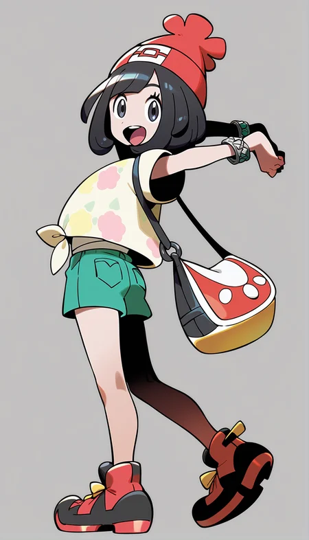 score_9,score_8_up,score_7_up,
<lora:selene:0.9>,pm_selene,
1girl,solo,black hair,short hair,bangs,grey eyes,looking at viewer,open smile,red beanie,yellow short sleeves shirt,a tank top worn under the shirt,tied shirt,white bracelet,bag,green shorts,red sports shoes,full body,back view,stretching,
blurry background,  simple background,
