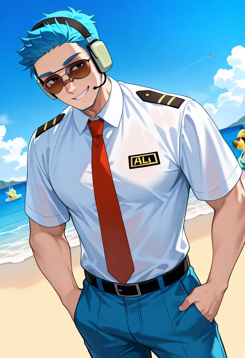 score_9, score_8_up, score_7_up, score_6_up, perfect anatomy, perfect proportions, best quality, masterpiece, high_resolution, high quality, solo male, Wilbur \(Animal Crossing\), personification, humanization, gijinka, blue hair, short hair, black eyes, blue facial hair, jawline stubble, aviation pilot, white collared shirt, red necktie, aviator sunglasses, aviator headset, blue pants, bandaid on nose, adult, mature, masculine, manly, grin, seductive, handsome, charming, alluring, standing, upper body, dutch angle, cowboy shot, beach, day, blue sky, ACWilbur, ACWilbur_outfit01, short sleeves, accurate necktie