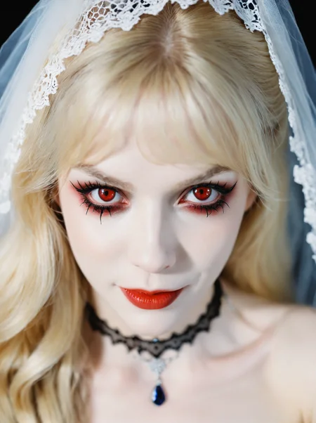 vampire bride,film photography aesthetic,the delicate texture of lace veil gently obscuring her face,long blonde hair,looking at viewer,eye eye contact,sapphire red eyes,choker,devil smile,dynamic composition,skin texture,from above,close-up,sharp focus,horror \(theme\),dutch angle,